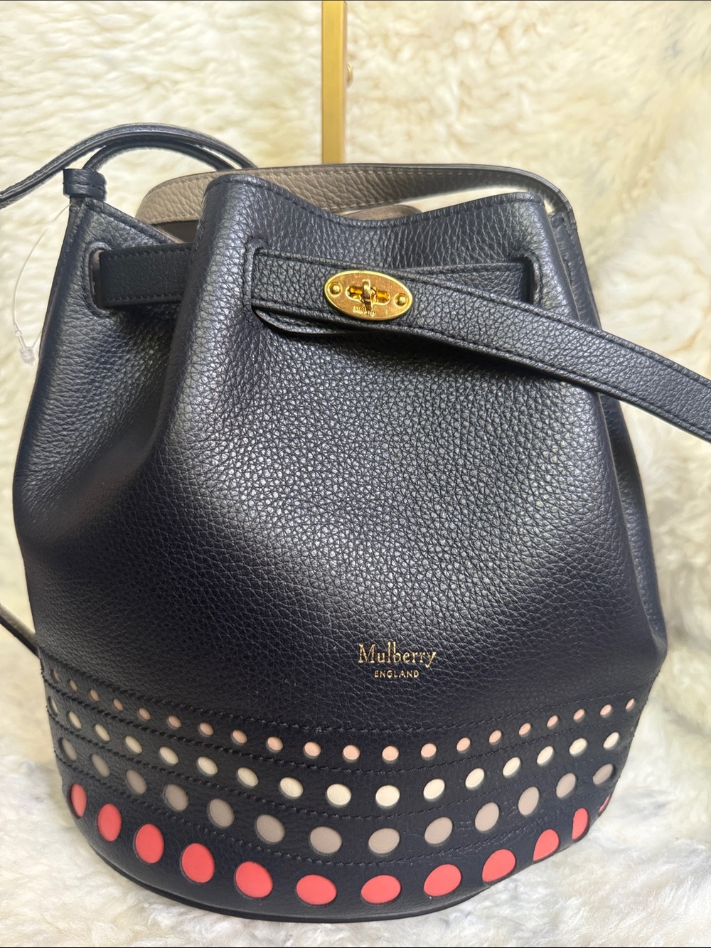 Mulberry Navy Leather Drawstring Bucket Bag with Coral and Cream Dot Details